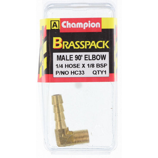Champion Hose Tail Elbow Male Brass 90 1/4in x 1/8in - HC33