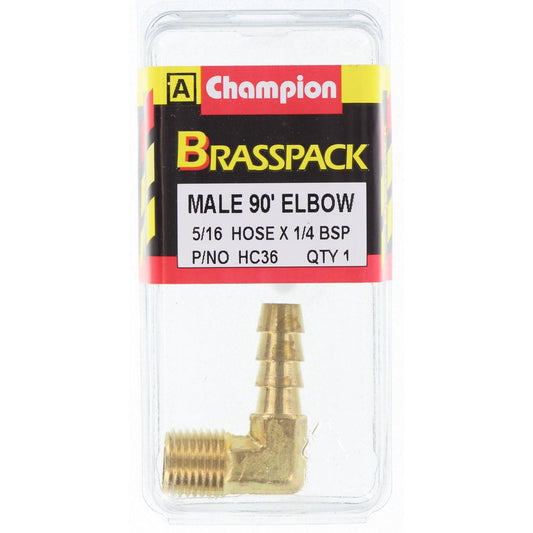 Champion Hose Tail Elbow Male Brass 90 5/16in x 1/4in - HC36