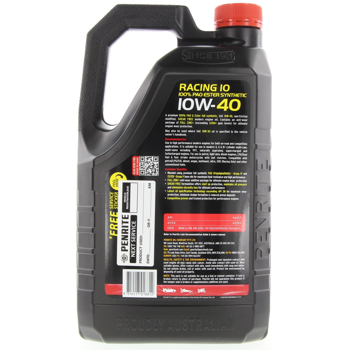 Penrite 10 Tenths Racing 10W-40 Engine Oil 5L - RACING10W40005