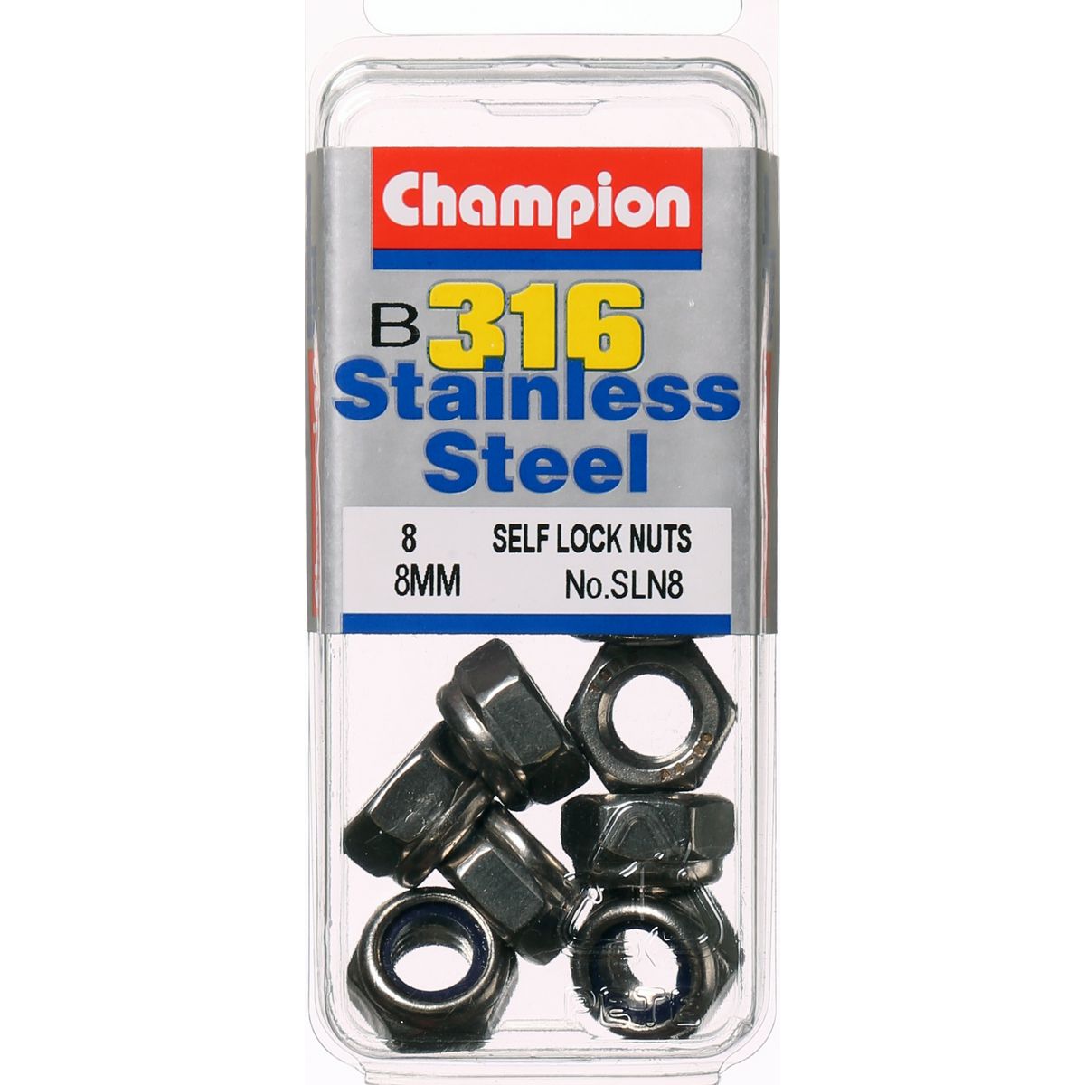 Champion Hex Nut Self Locking Nylon Insert Stainless Steel M8x1.25mm 316/A4 - SLN8