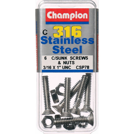 Champion Machine Screw & Nut CSK Phillips Stainless Steel 3/16inx1in 316/A4 - CSP78