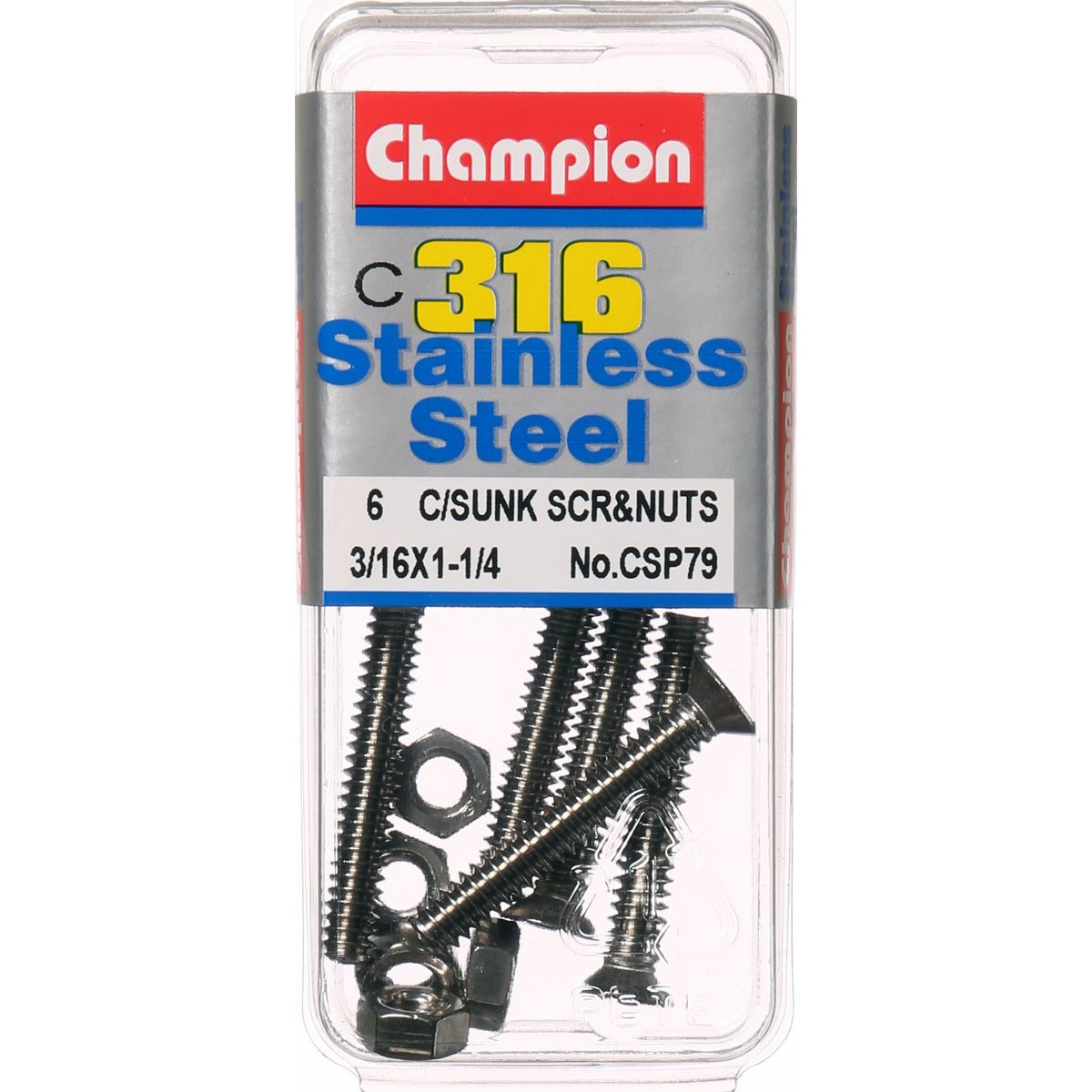 Champion Machine Screw & Nut CSK Phillips Stainless Steel 3/16inx1 1/4in 316/A4 - CSP79