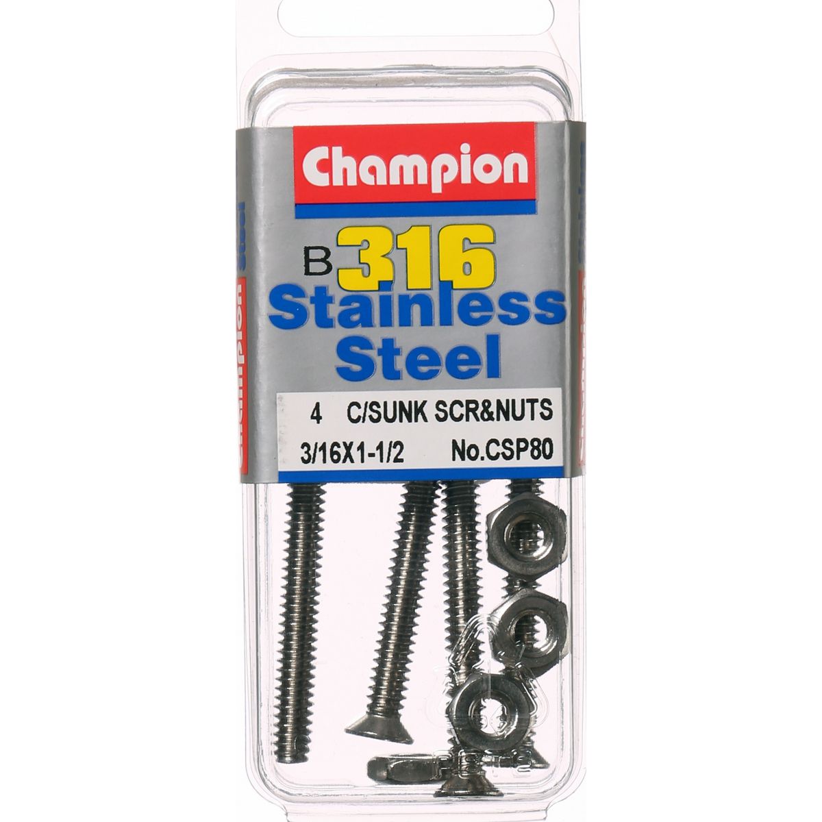 Champion Machine Screw & Nut CSK Phillips Stainless Steel 3/16inx1 1/2in 316/A4 - CSP80
