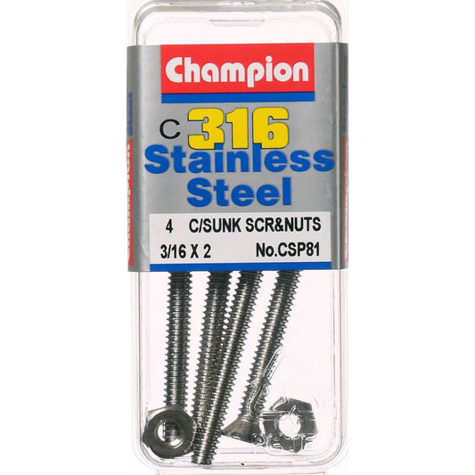 Champion Machine Screw & Nut CSK Phillips Stainless Steel 3/16inx2in 316/A4 - CSP81