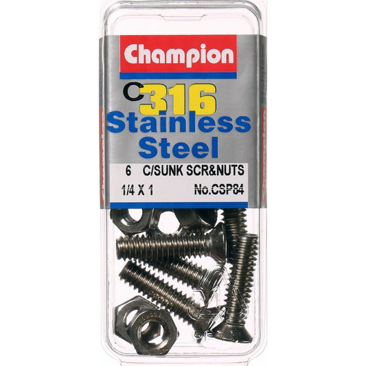 Champion Machine Screw & Nut CSK Phillips Stainless Steel 1/4inx1 316/A4 - CSP84