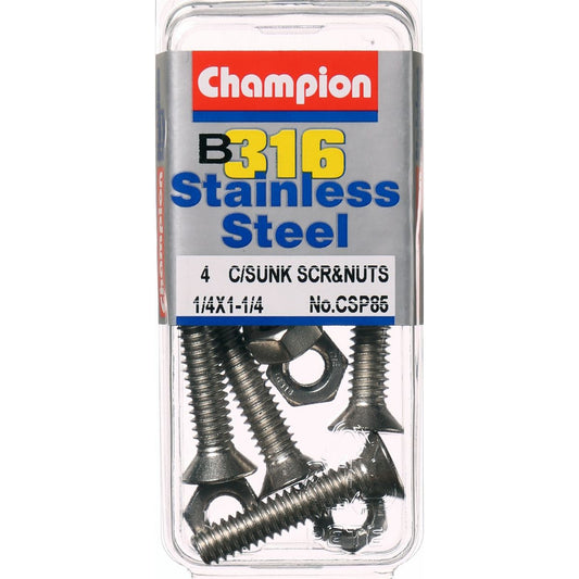 Champion Machine Screw & Nut CSK Phillips Stainless Steel 1/4inx1 1/4in 316/A4 - CSP85