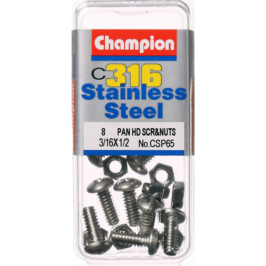 Champion Machine Screw & Nut Pan Phillips Stainless Steel 3/16inx1/2in 316/A4 - CSP65