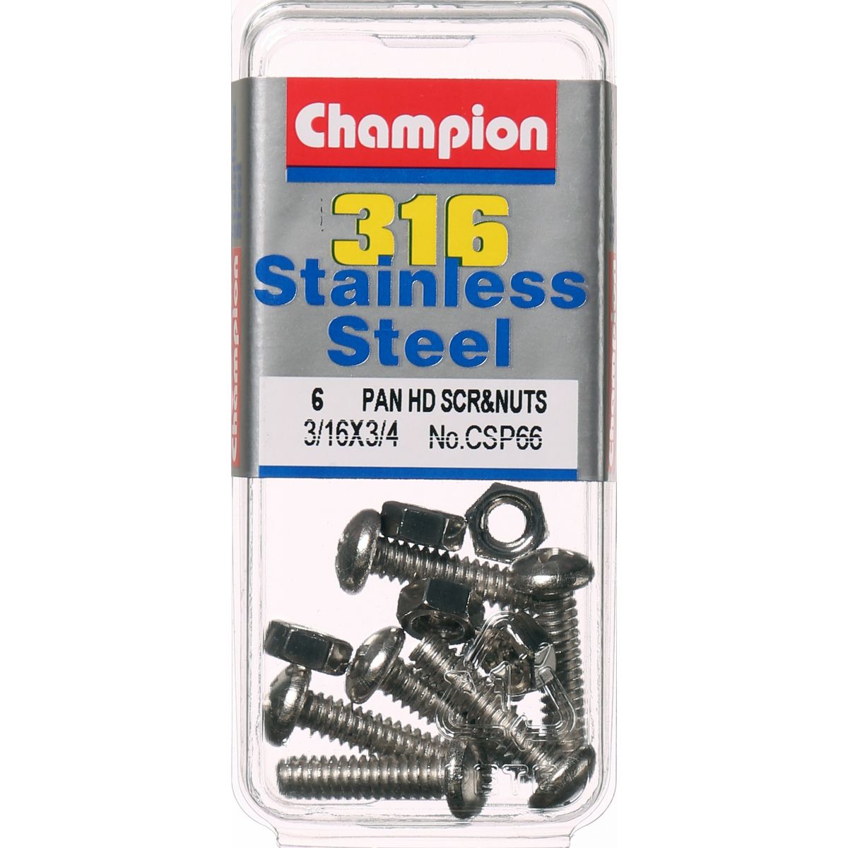 Champion Machine Screw & Nut Pan Phillips Stainless Steel 3/16inx3/4in 316/A4 - CSP66