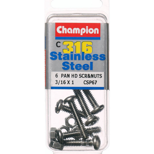 Champion Machine Screw & Nut Pan Phillips Stainless Steel 3/16inx1in 316/A4 - CSP67