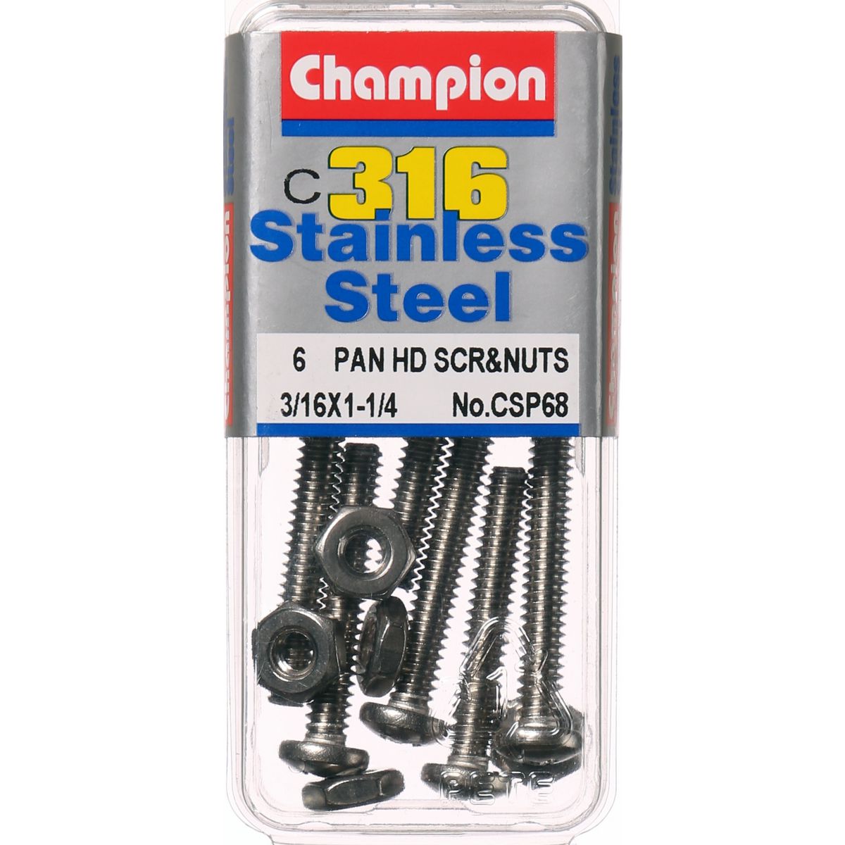 Champion Machine Screw & Nut Pan Phillips Stainless Steel 3/16inx1 1/4in 316/A4 - CSP68