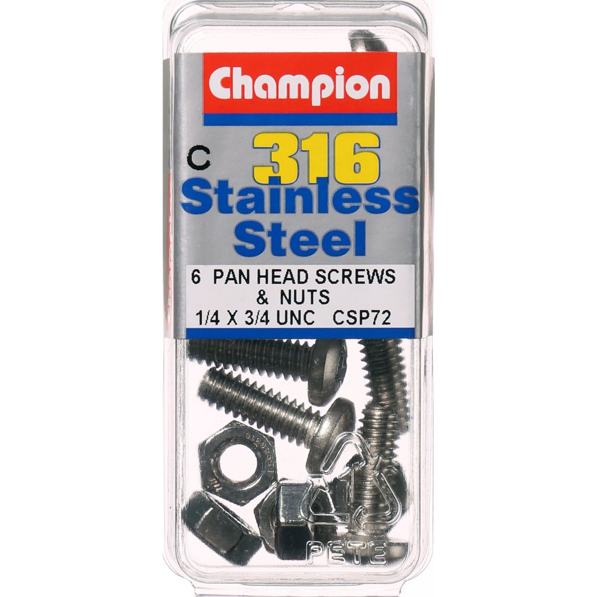 Champion Machine Screw & Nut Pan Phillips Stainless Steel 1/4inx3/4in 316/A4 - CSP72