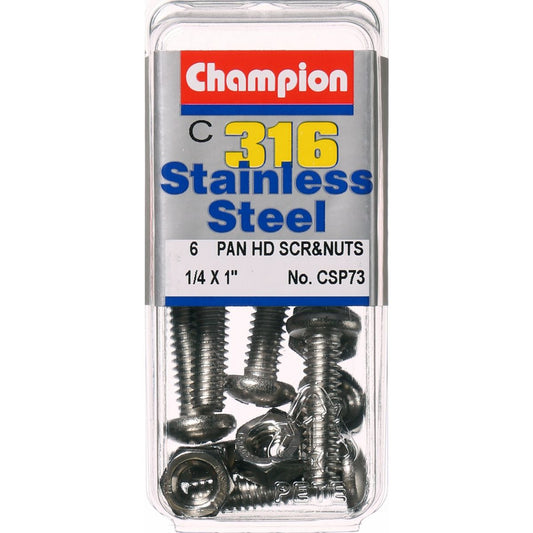 Champion Machine Screw & Nut Pan Phillips Stainless Steel 1/4inx1in 316/A4 - CSP73