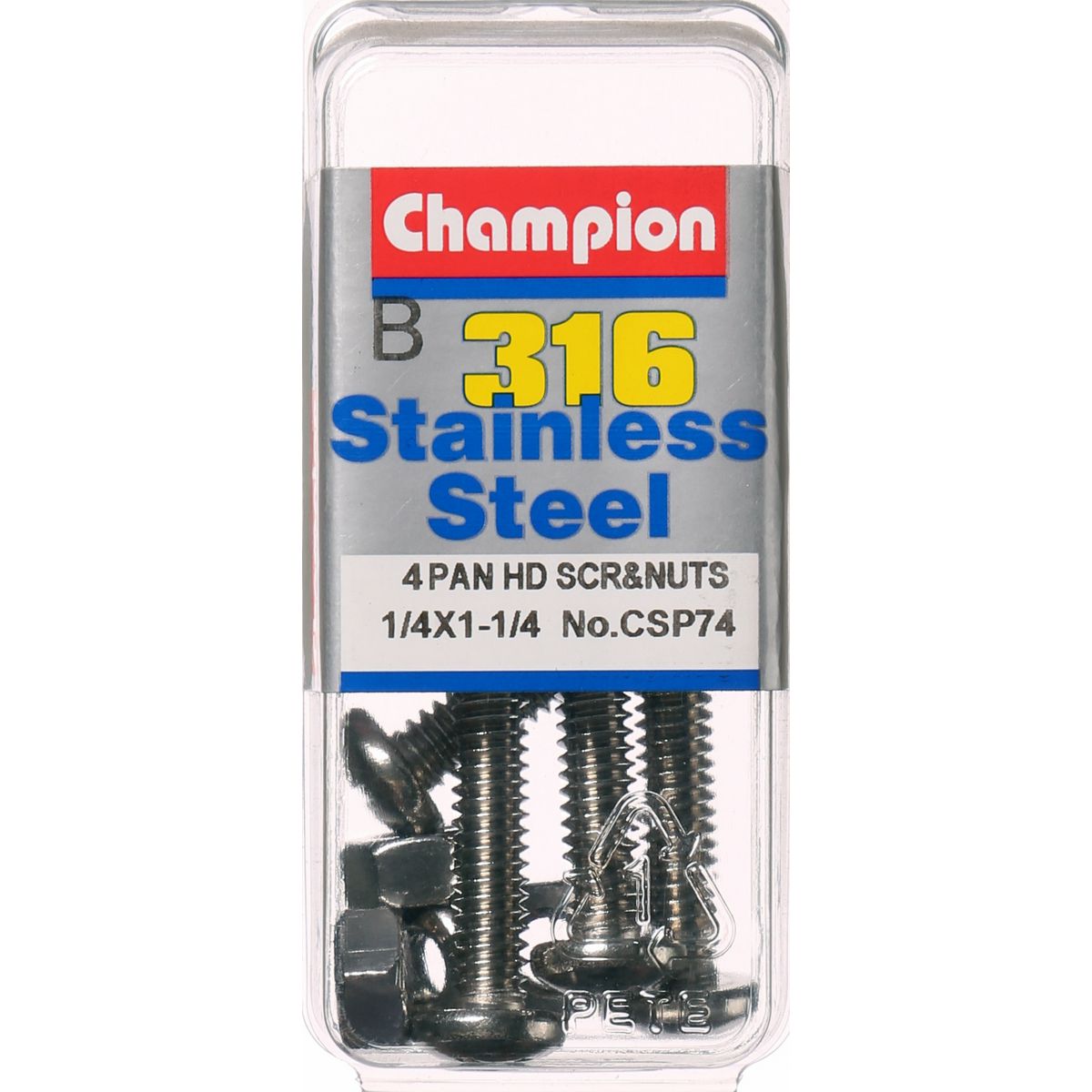Champion Machine Screw & Nut Pan Phillips Stainless Steel 1/4inx1 1/4in 316/A4 - CSP74