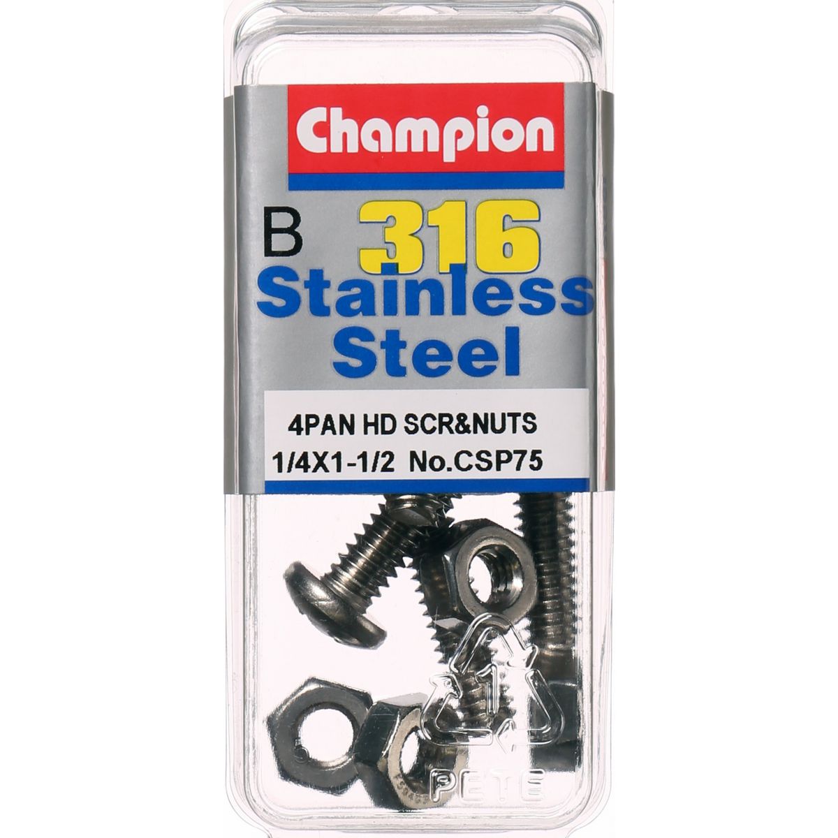 Champion Machine Screw & Nut Pan Phillips Stainless Steel 1/4inx1 1/2in 316/A4 - CSP75
