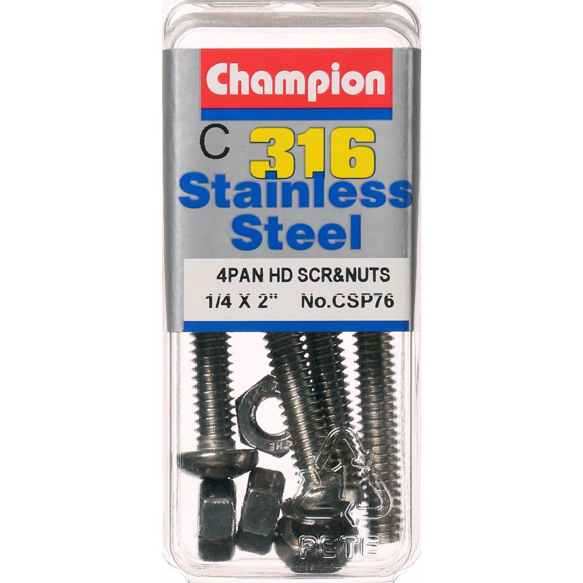 Champion Machine Screw & Nut Pan Phillips Stainless Steel 1/4inx2in 316/A4 - CSP76