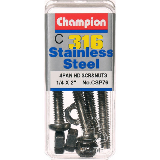 Champion Machine Screw & Nut Pan Phillips Stainless Steel 1/4inx2in 316/A4 - CSP76