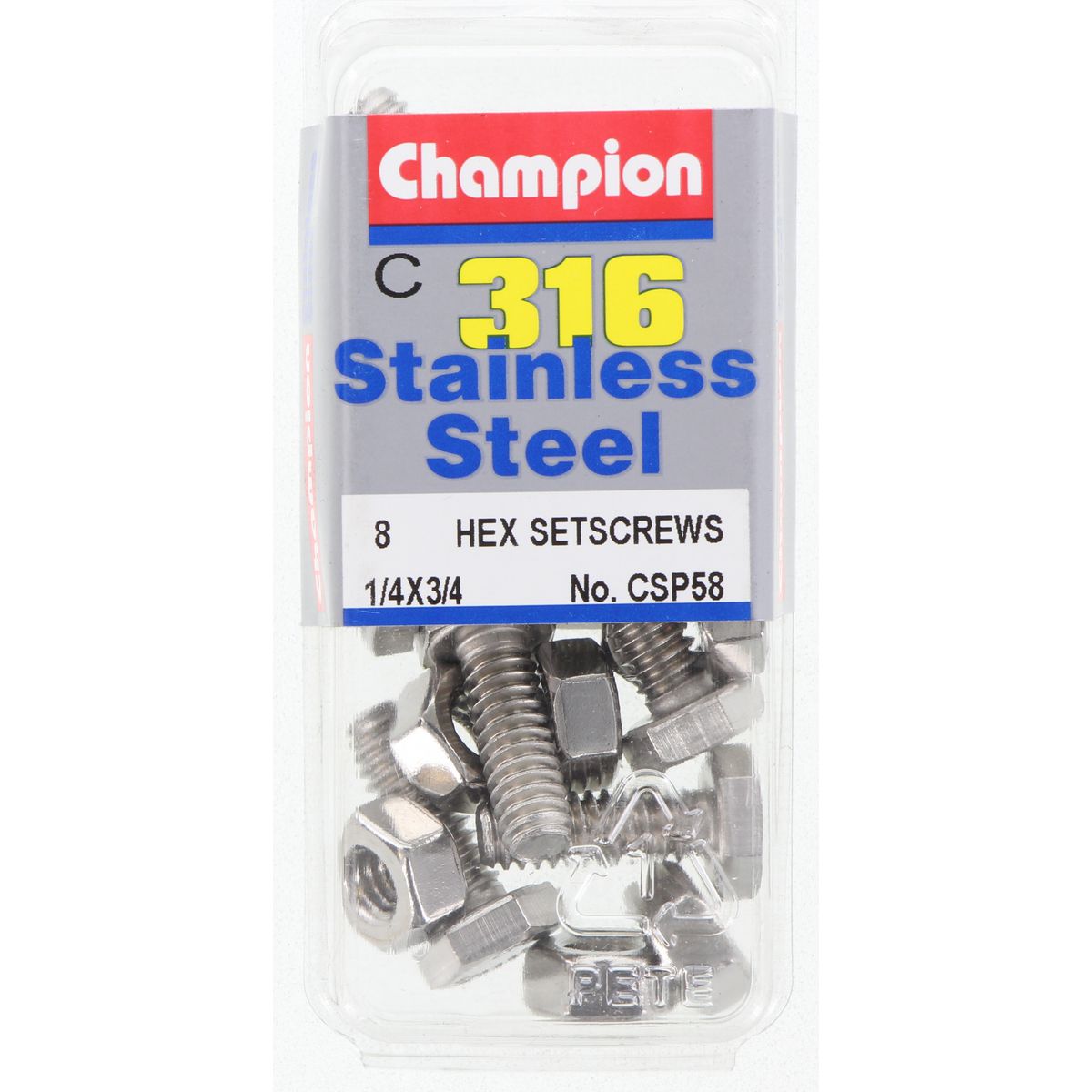 Champion Hex Set Screw & Nut Stainless Steel 1/4inx3/4in UNC 316/A4 - CSP58