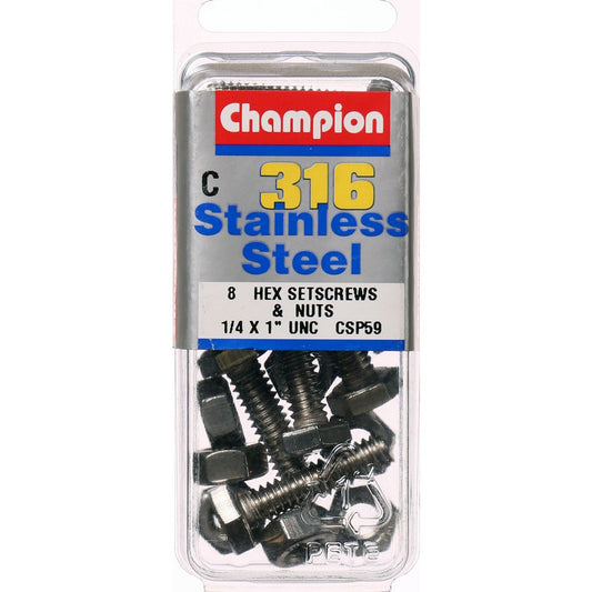 Champion Hex Set Screw & Nut Stainless Steel 1/4inx1in UNC 316/A4 - CSP59