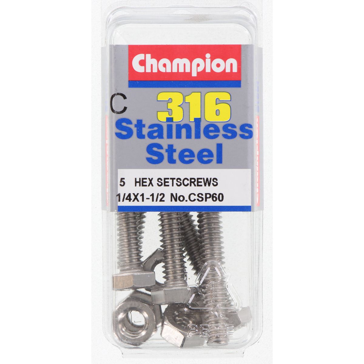 Champion Hex Set Screw & Nut Stainless Steel 1/4inx1 1/2in UNC 316/A4 - CSP60
