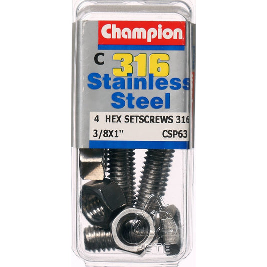 Champion Hex Set Screw & Nut Stainless Steel 3/8inx1in UNC 316/A4 - CSP63