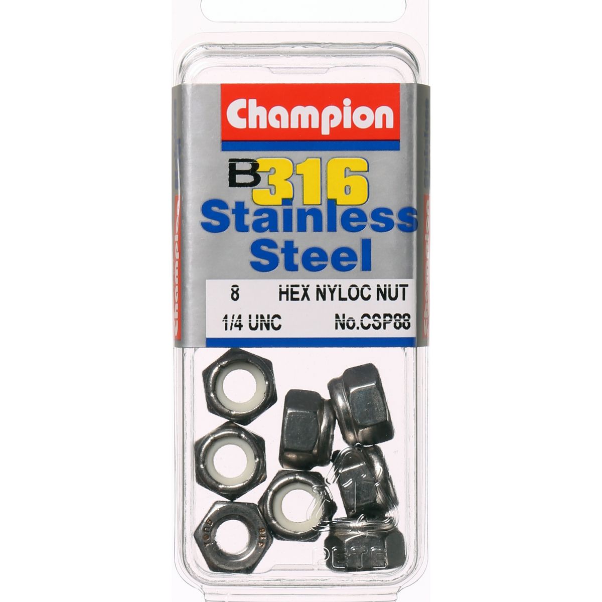 Champion Hex Nut Self Locking Nylon Insert Stainless Steel  1/4in UNC 316/A4 - CSP88