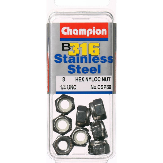 Champion Hex Nut Self Locking Nylon Insert Stainless Steel  1/4in UNC 316/A4 - CSP88