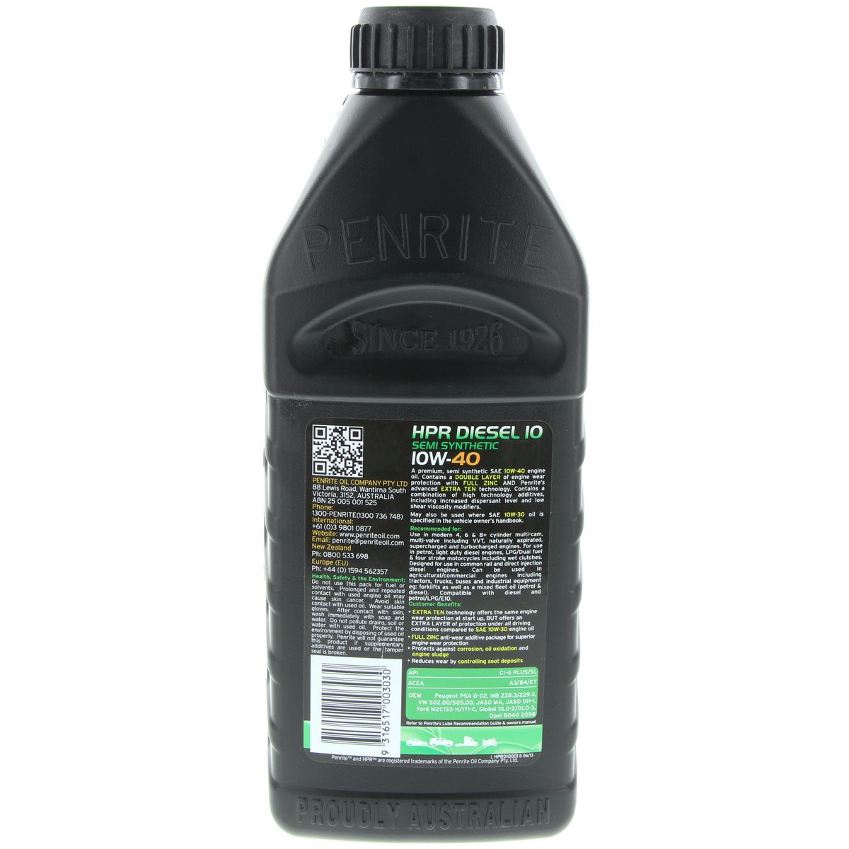 Penrite HPR Diesel 10 SAE 10W-40 Engine Oil 1L - HPRD10001