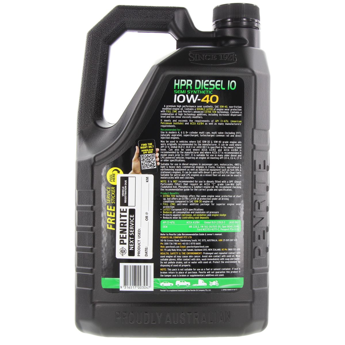 Penrite HPR Diesel 10 SAE 10W-40 Engine Oil 5L - HPRD10005
