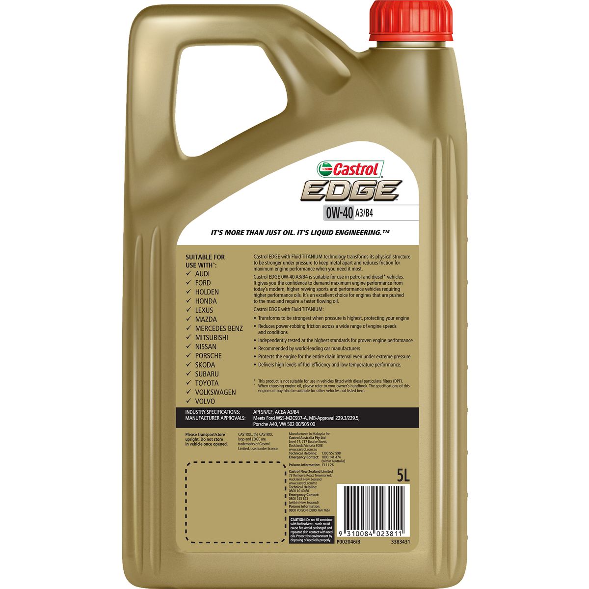 Castrol EDGE 0W-40 A3 B4 Engine Oil 5L - 3383431