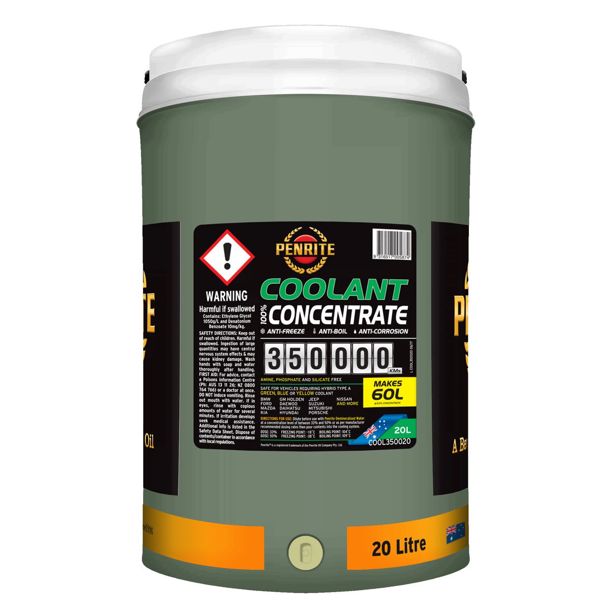 Penrite 350,000km Green Anti-Freeze Coolant Concentrate 20L - COOL350020