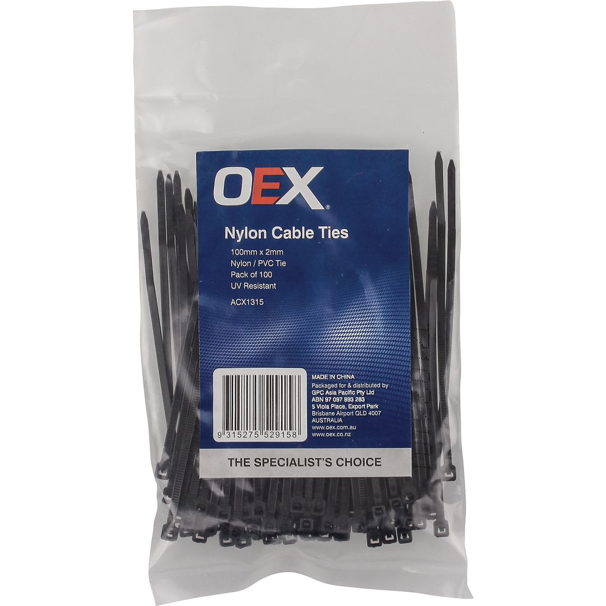OEX Black Nylon Cable Ties - 2.5mm x 100mm - Pack of 100 - ACX1315