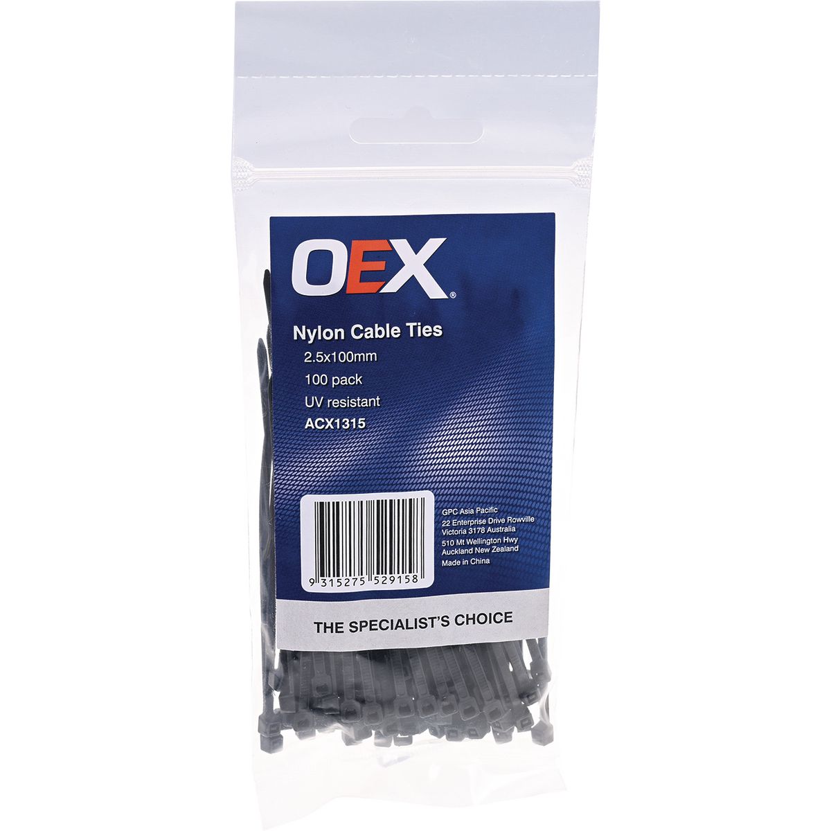 OEX Black Nylon Cable Ties - 2.5mm x 100mm - Pack of 100 - ACX1315