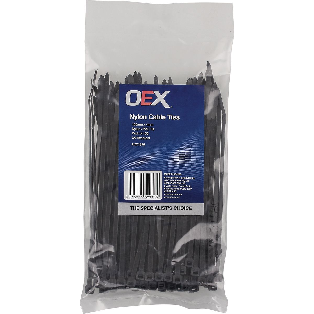 OEX Black Nylon Cable Ties - 3.6mm x 150mm - Pack of 100 - ACX1316