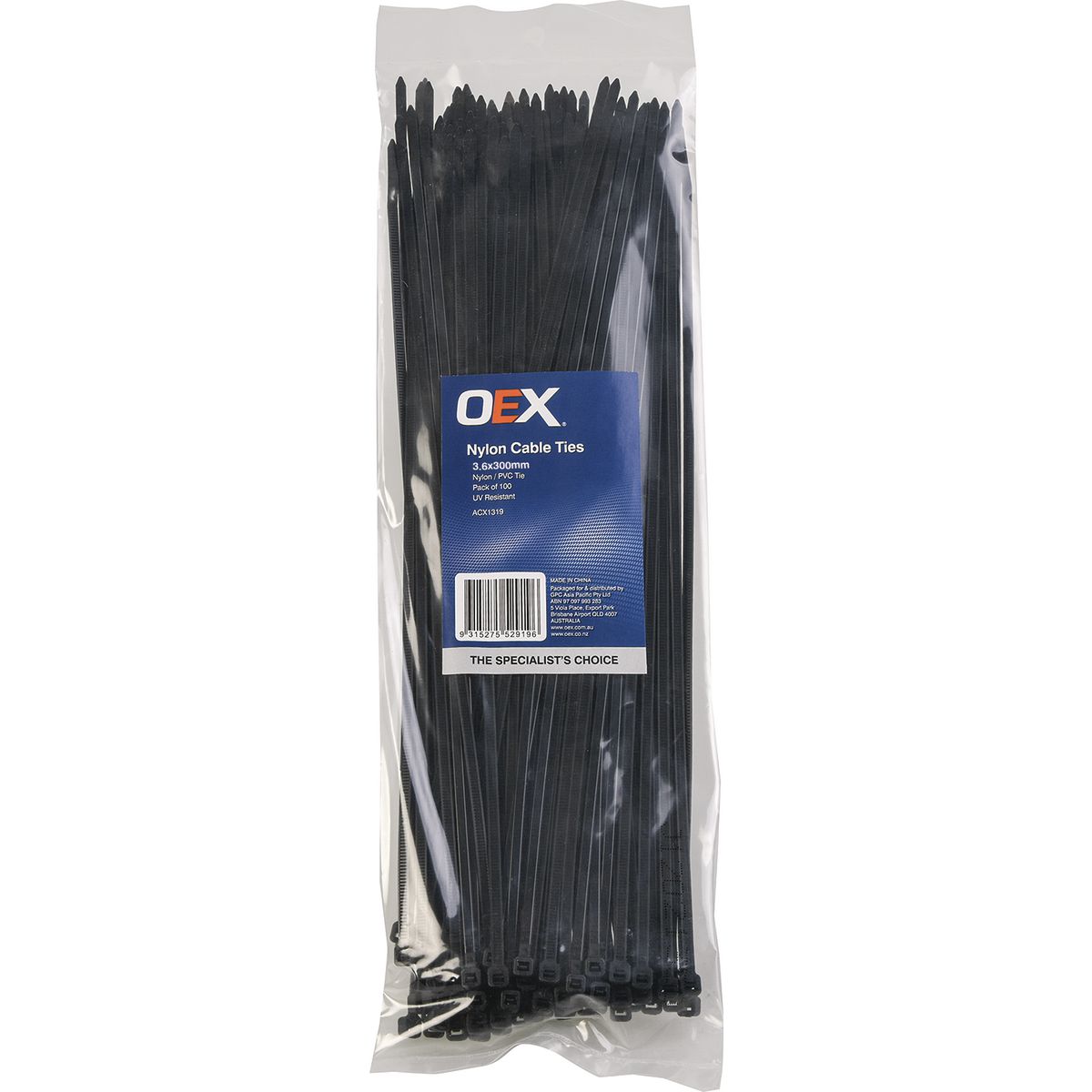 OEX Black Nylon Cable Ties - 3.6mm x 300mm - Pack of 100 - ACX1319