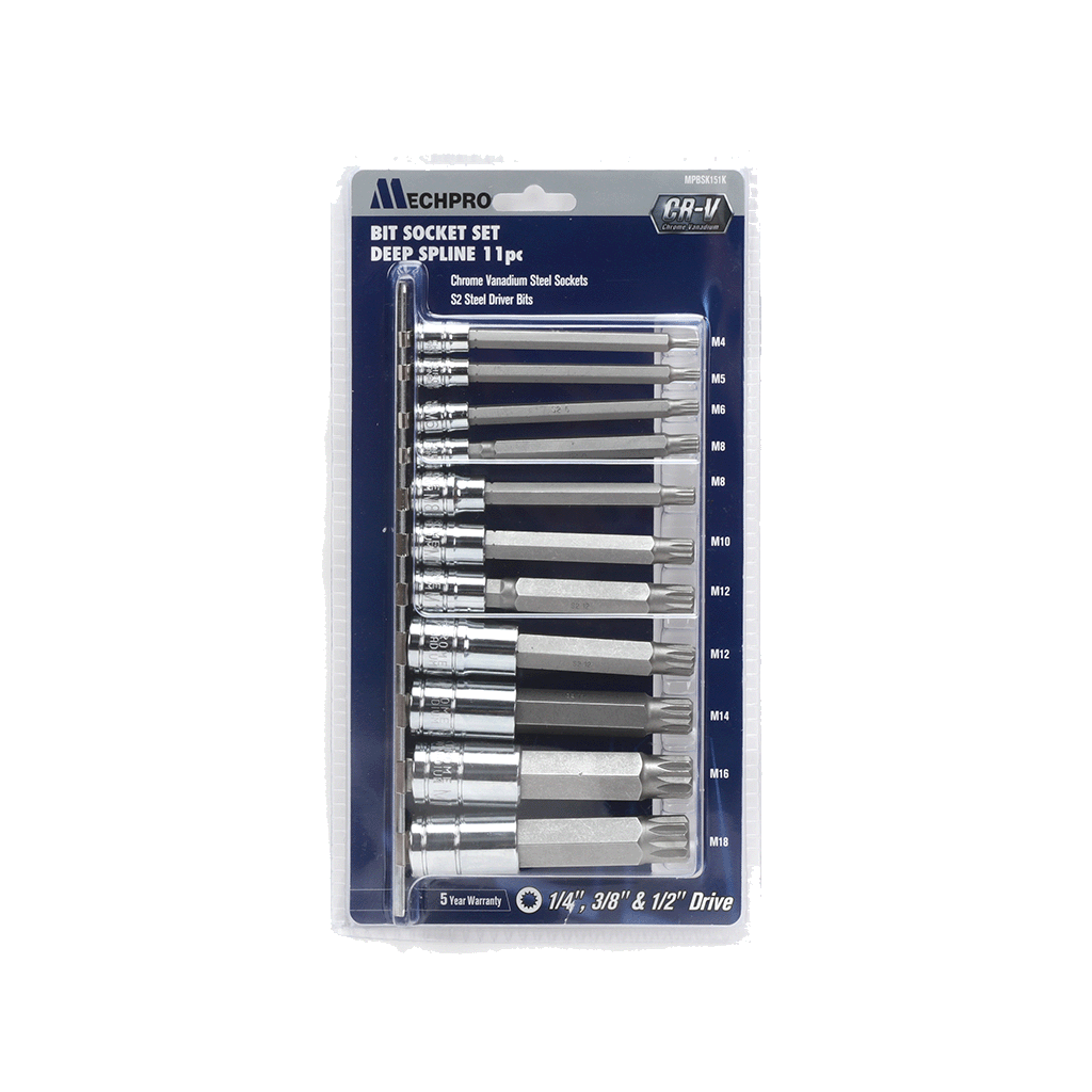 Mechpro Blue Long Spline Socket Set 1/4In, 3/8In & 1/2In 11pc - MPBSK151K