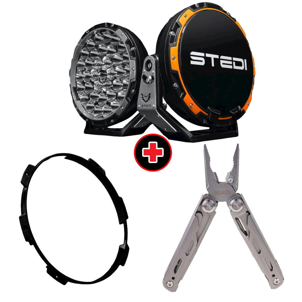 STEDI Type-X Pro LED Driving Lights with Black Colour Ring and Snatch Multi-Function Tool Bundle