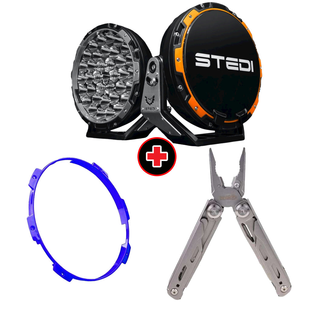 STEDI Type-X Pro LED Driving Lights with Blue Colour Ring and Snatch Multi-Function Tool Bundle
