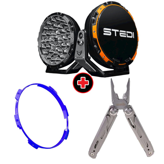 STEDI Type-X Pro LED Driving Lights with Blue Colour Ring and Snatch Multi-Function Tool Bundle