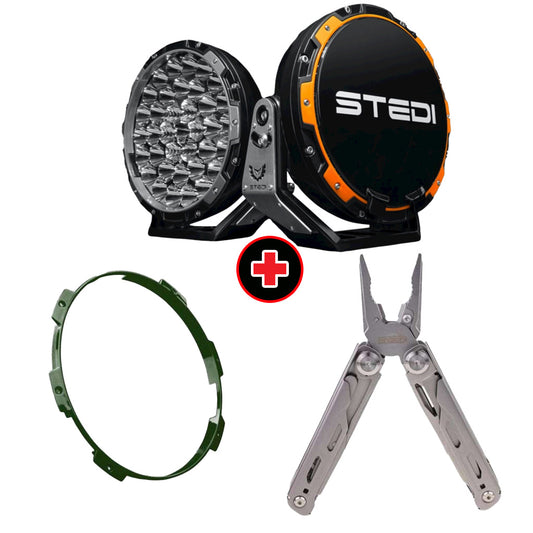 STEDI Type-X Pro LED Driving Lights with Forest Green Colour Ring and Snatch Multi-Function Tool Bundle