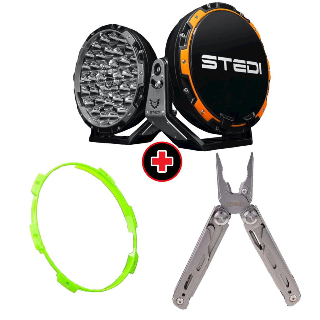 STEDI Type-X Pro LED Driving Lights with Green Colour Ring and Snatch Multi-Function Tool Bundle