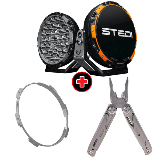 STEDI Type-X Pro LED Driving Lights with Grey Colour Ring and Snatch Multi-Function Tool Bundle