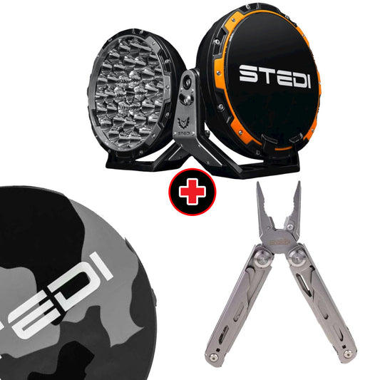 STEDI Type-X Pro LED Driving Lights with Snow Camo Cover and Snatch Multi-Function Tool Bundle