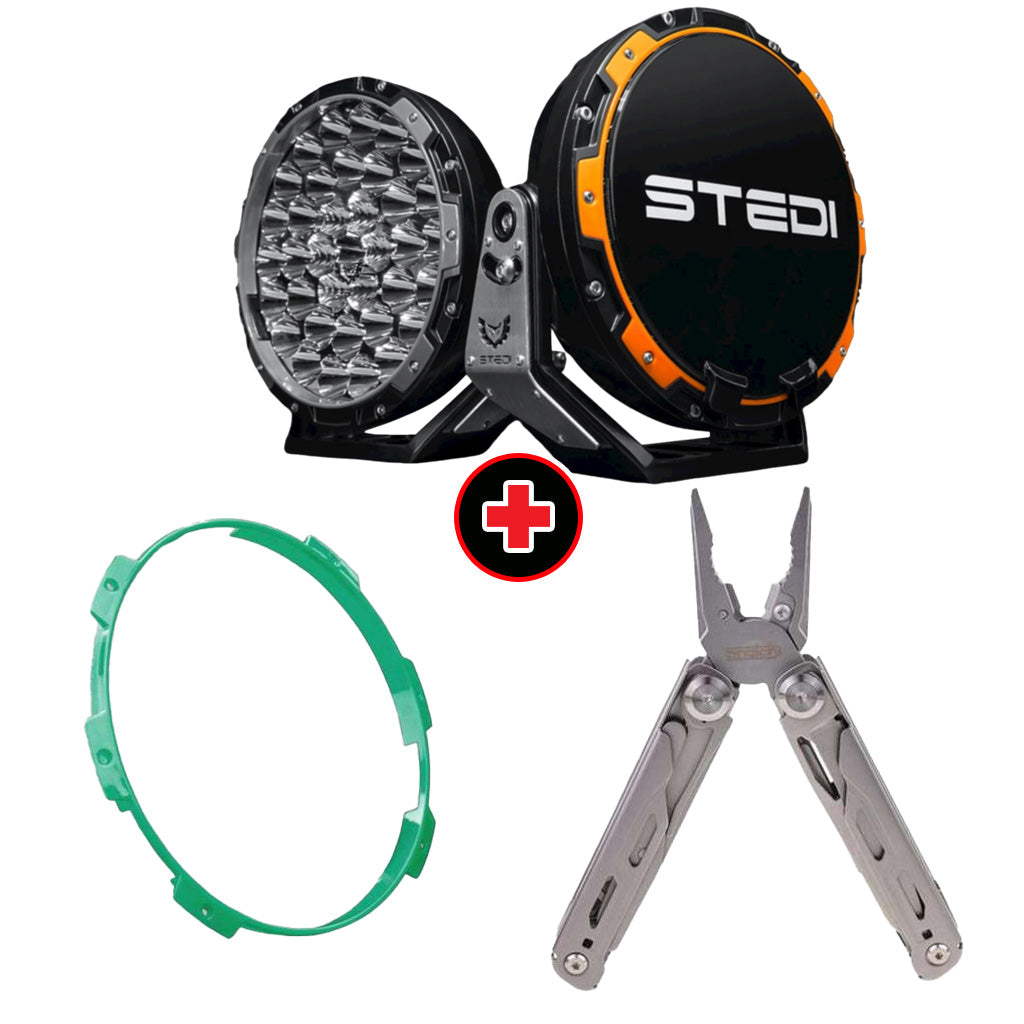 STEDI Type-X Pro LED Driving Lights with Teal Colour Ring and Snatch Multi-Function Tool Bundle