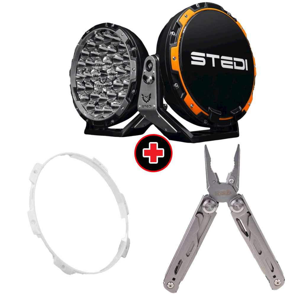 STEDI Type-X Pro LED Driving Lights with White Colour Ring and Snatch Multi-Function Tool Bundle