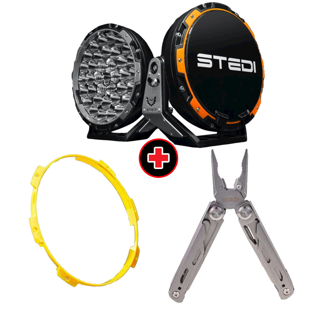 STEDI Type-X Pro LED Driving Lights with Yellow Colour Ring and Snatch Multi-Function Tool Bundle